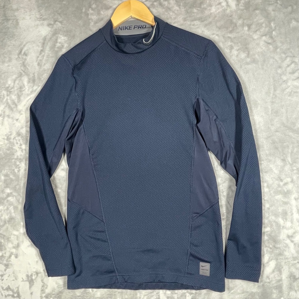 Nike Pro Dri-FIT Mens Navy Blue Chevron Textured Mock Neck Base Layer Top M